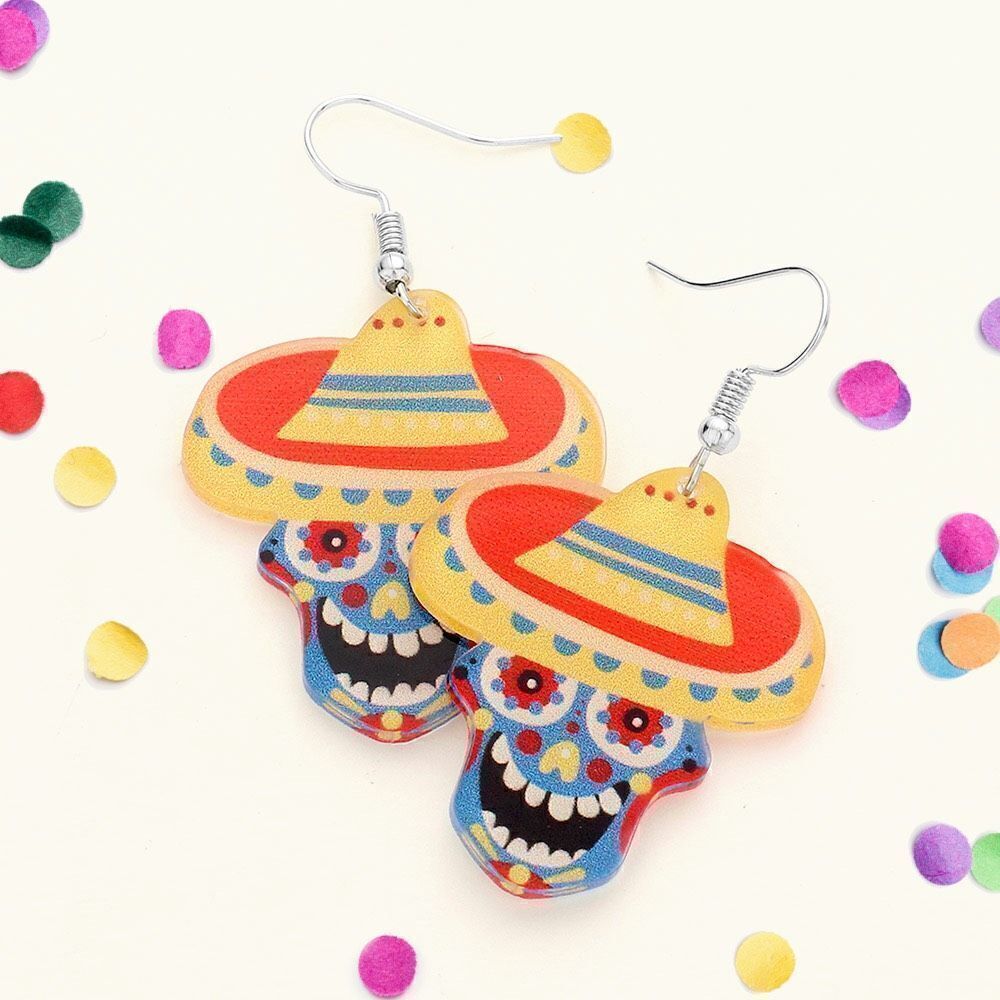 New Womens Boutique Resin Sombrero Skull Cinco De Mayo Fiesta Dangle Earrings